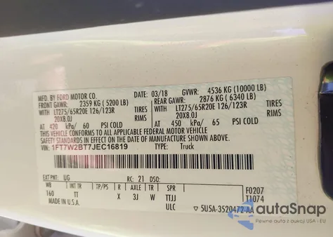 2018 Ford F-250 Limited z USA, uszkodzony, nr VIN 1FT7W2BT7JEC16819